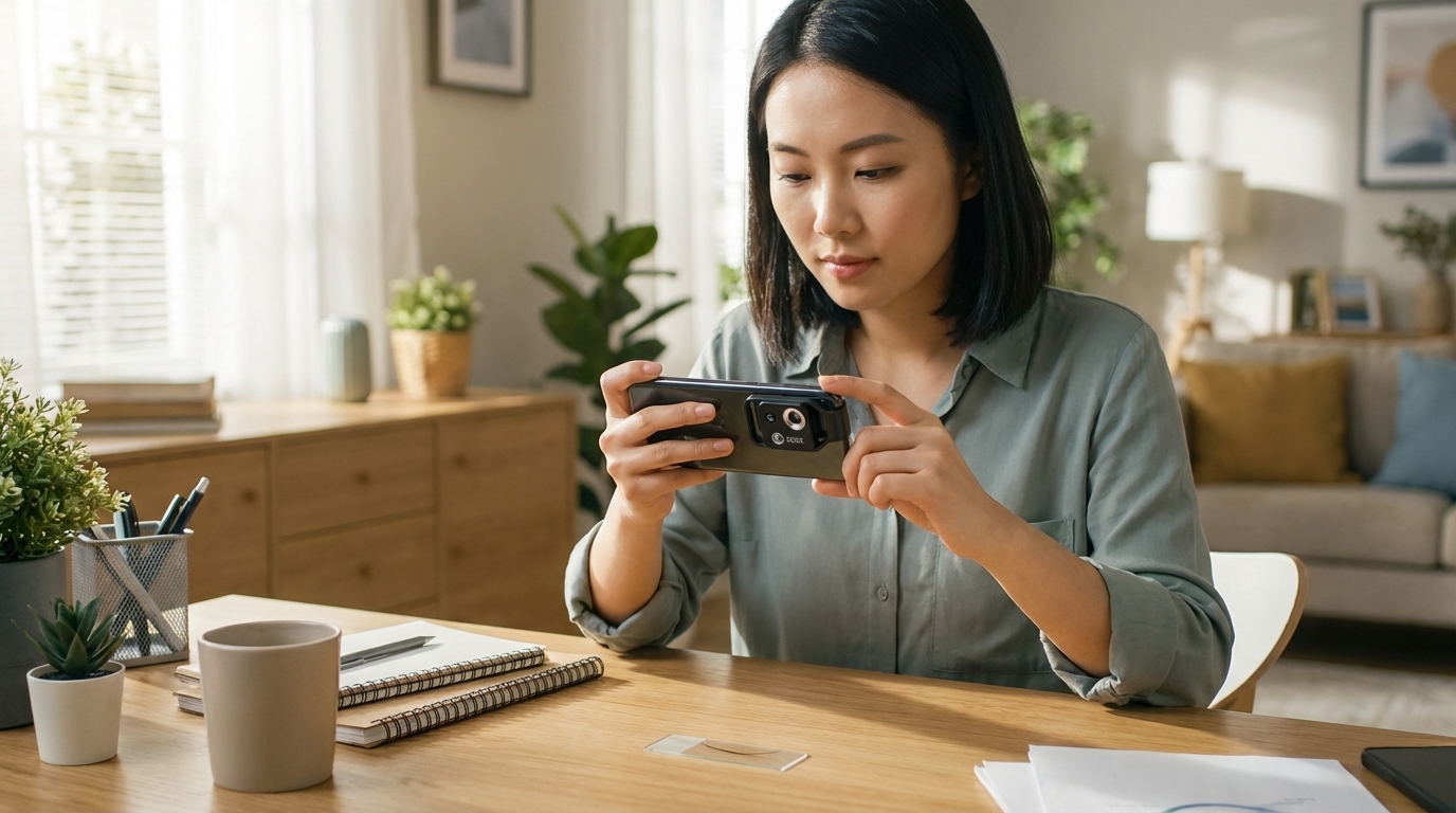 East Asian woman using smartphone microscope on hair sample