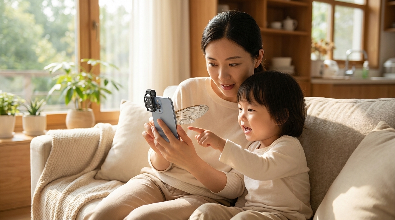 East Asian family observing insect wing with smartphone microscope