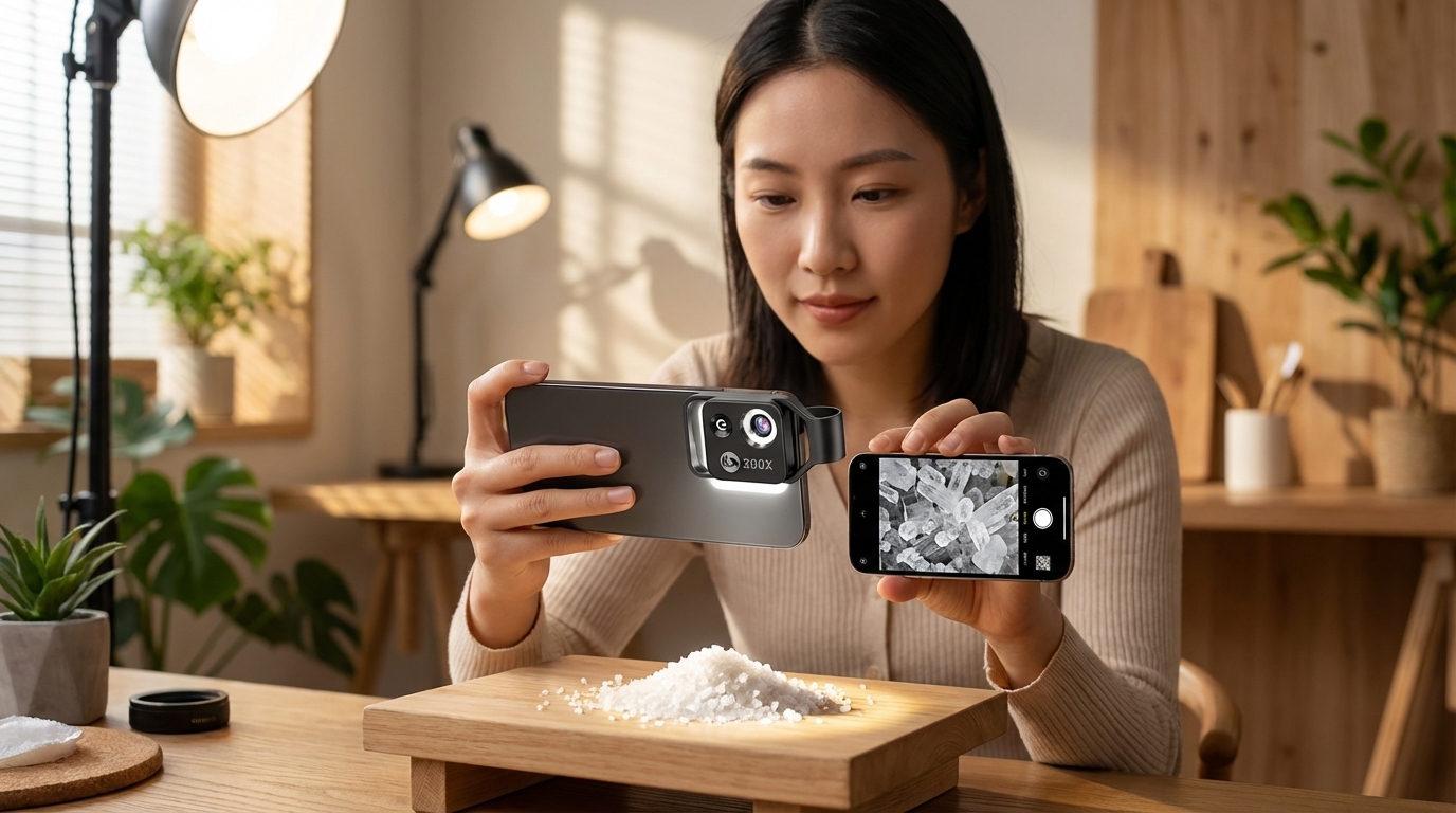 East Asian creator using smartphone microscope with fill light